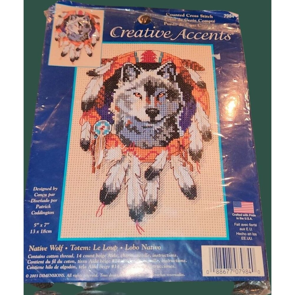 Dimensions Native Wolf Totem Cross Stitch Kit 5"x7" Includes Aida Cloth Thread N